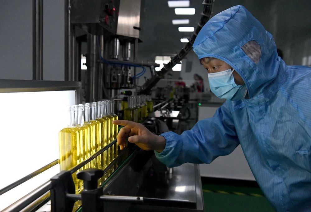 △3月27日,工作人员在河南省光山县一家油茶加工企业的灌装车间作业。