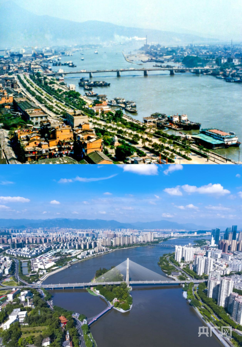  闽江两岸发展对比图。上图：上世纪80年代末的福州南北江滨（央广网发 杨婀娜 摄）下图：今日之福州闽江两岸，高楼林立，风景秀美（央广网发 陈捷阳 摄）
