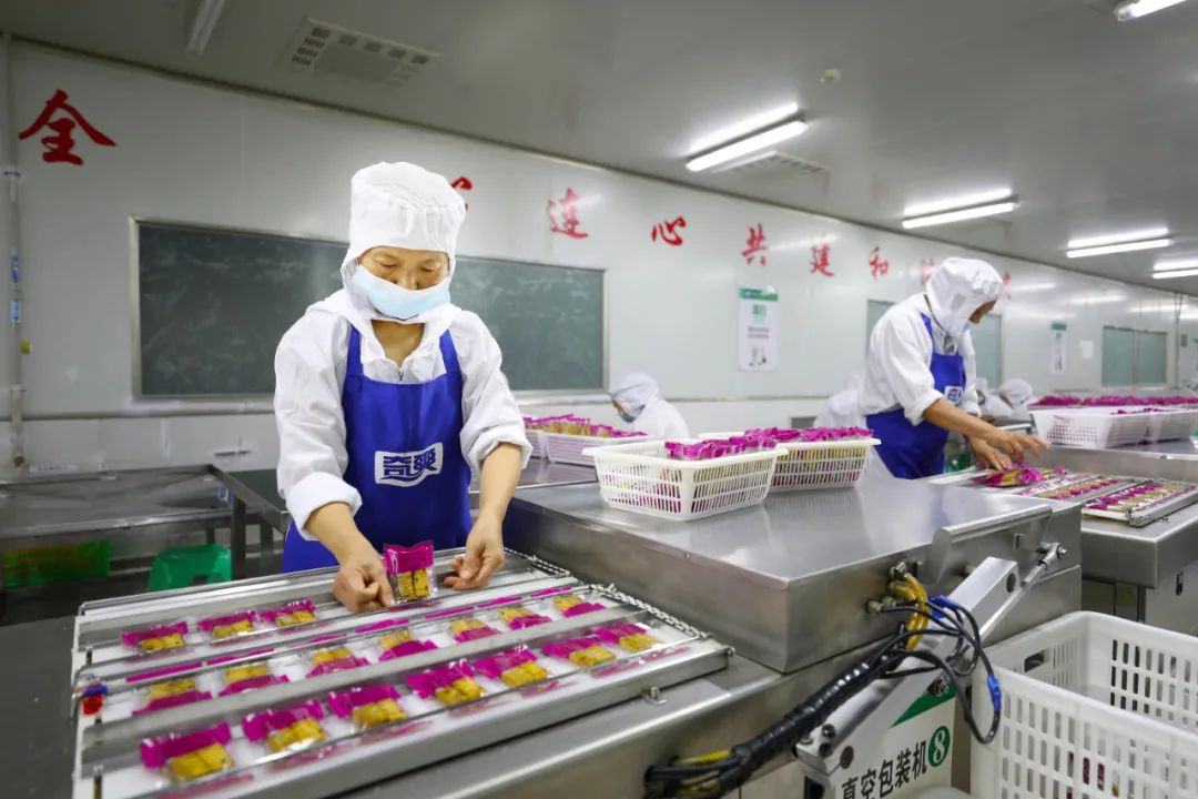 2022年7月5日,重庆市梁平区奇爽食品有限公司,工人在对预制菜产品进行真空包装。图/中新社发刘辉摄